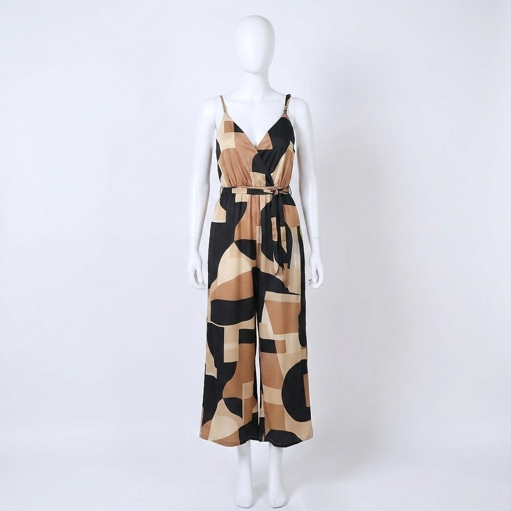 NEW DRESS FORUM printed surplice wide leg jumpsuit in black and copper